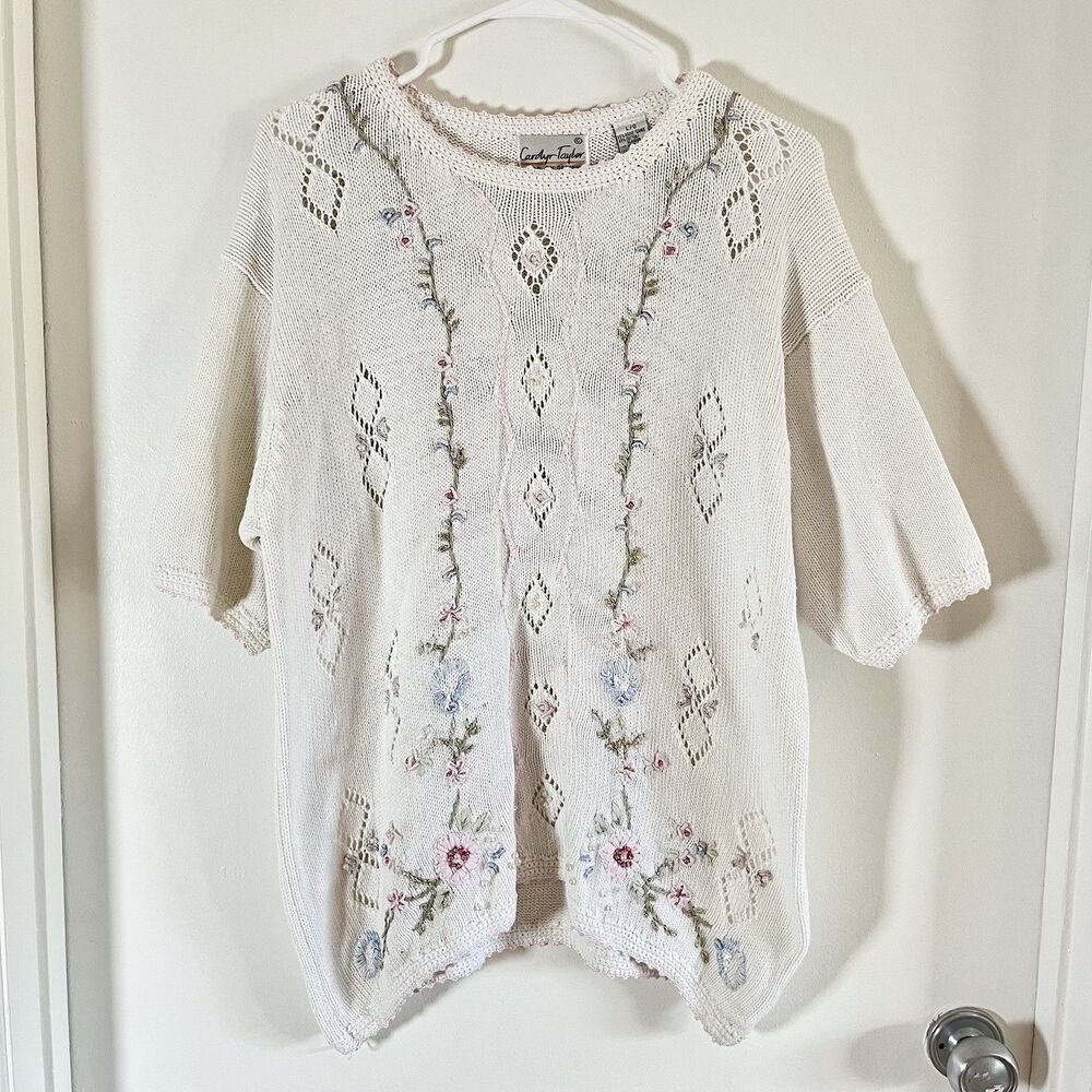 Carolyn Taylor Sz L Embroidered Floral Sweater PullOver VTG Peasant Shortsleeves